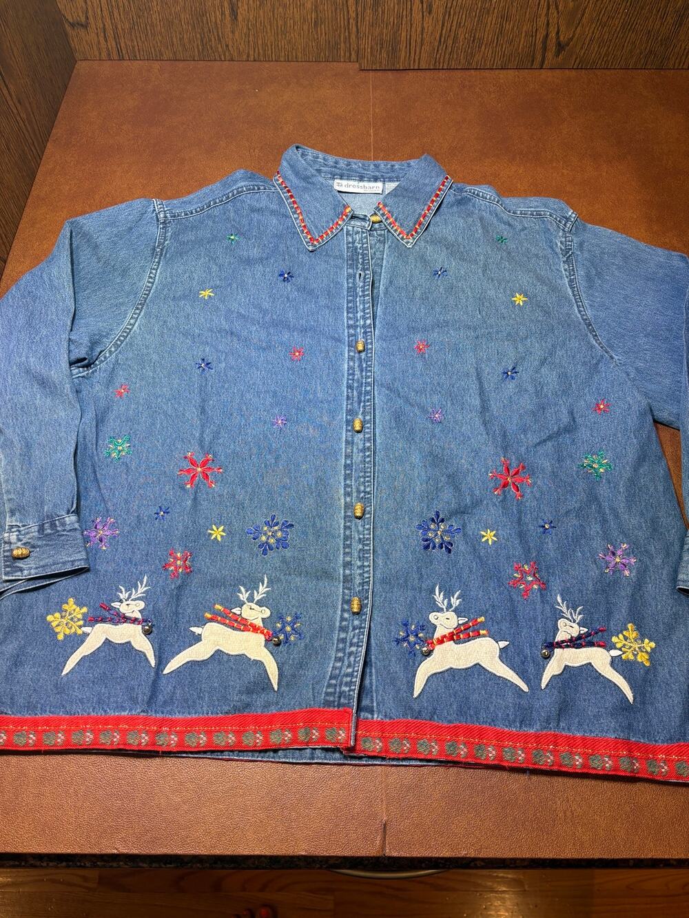 Dress Barn 90's Holiday Long Sleeve Denim Shirt Reindeer Embroidery Size 2XL